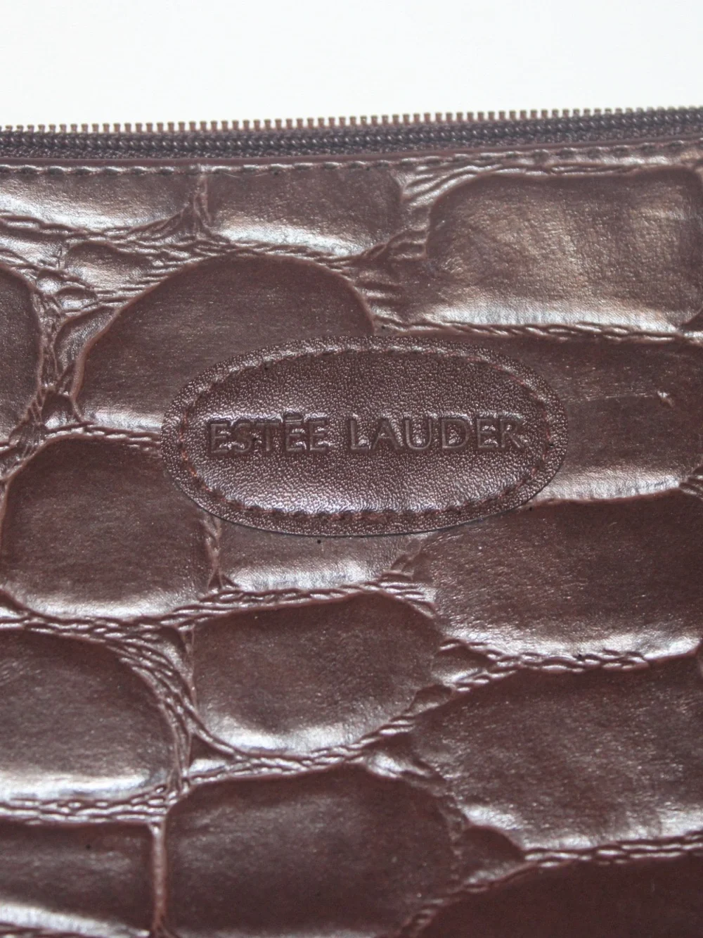 Vintage Estée Lauder Brown Croc Embossed Faux Leather Zippered Makeup Pouch